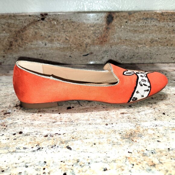 Giraffe Embroidered Orange Suede Flats Womens Size 10 Animal Print Slip-On Shoes - Picture 6 of 9